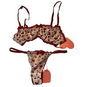 Dolls kill Sugar Thrillz White Red Heart Lingerie Set Bra/Panty Size: XXS